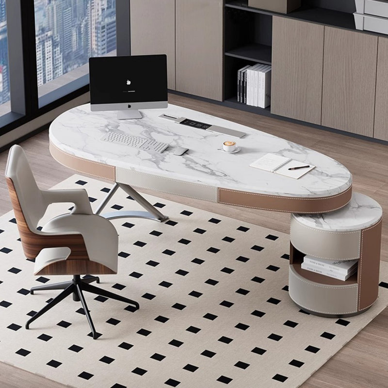 Kaki + beige-blanc + pierre frittée ovale grise + bois manufacturé + acier laminé à froid avec bureau à 3 tiroirs