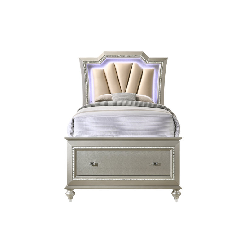 Kaitlyn Synthetic Leather & Champagne Finish Full Bed W/Led & Storage