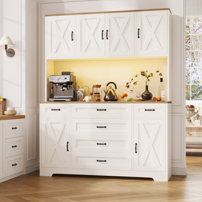 71" Tall Kitchen Pantry With LED Lights & Charging Station, Multi-Functional Kitchen Storage Cabinet With 6 Drawers, 6 Cabinets & Adjustable Shelves
