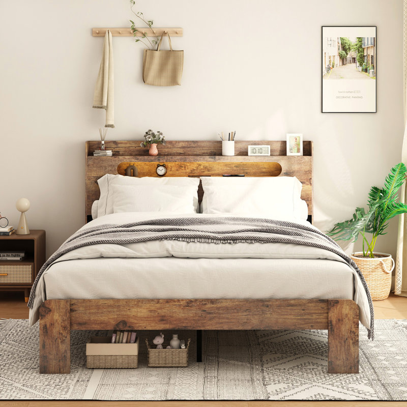 Full Size Wood Bed Frame On Platform With Storage Headboard And Led Lighting, 2 For Multiple Device Charging, Noise - Performance, No Box Spring, Straightforward Assembly, Large Under Storage, Dark