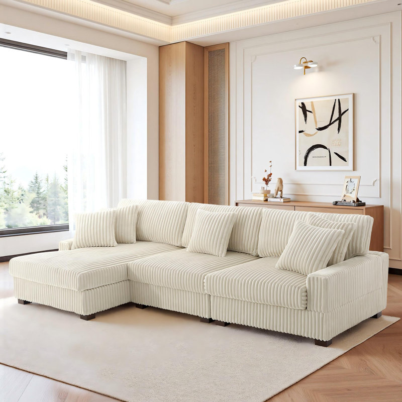 3 Seater Sectional, White Polyester/Foam Padding