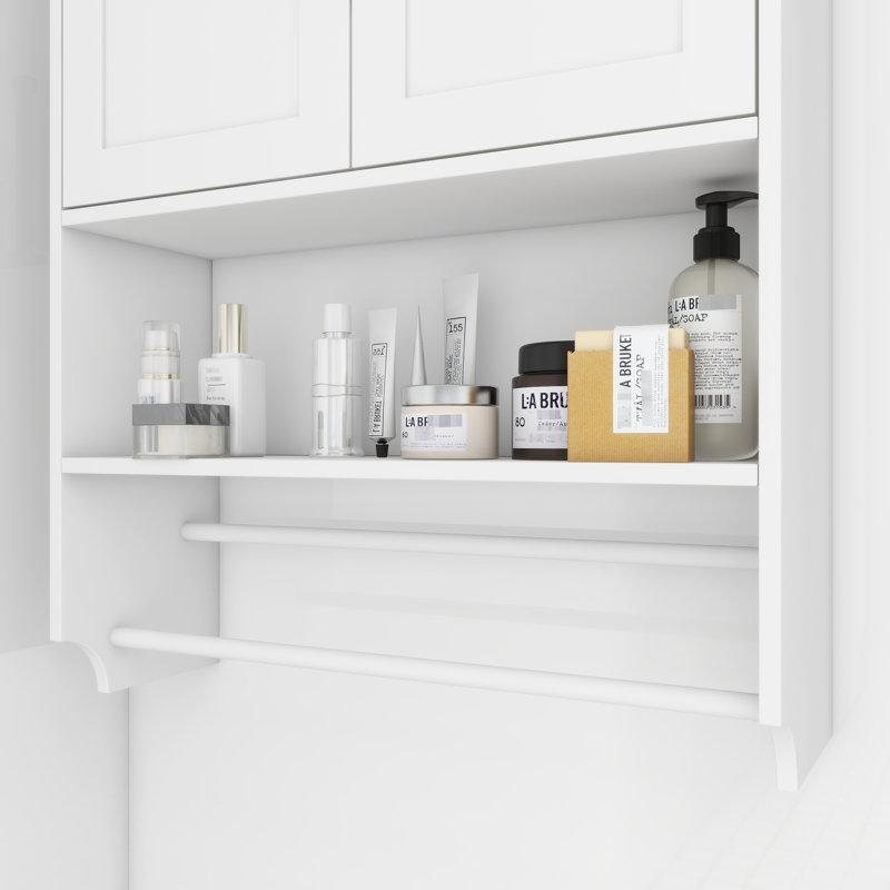 Armoire murale de salle de bain - Tablette réglable blanche, barre à serviettes, porte-papier au-dessus des étagères de toilette, support, unité de rangement
