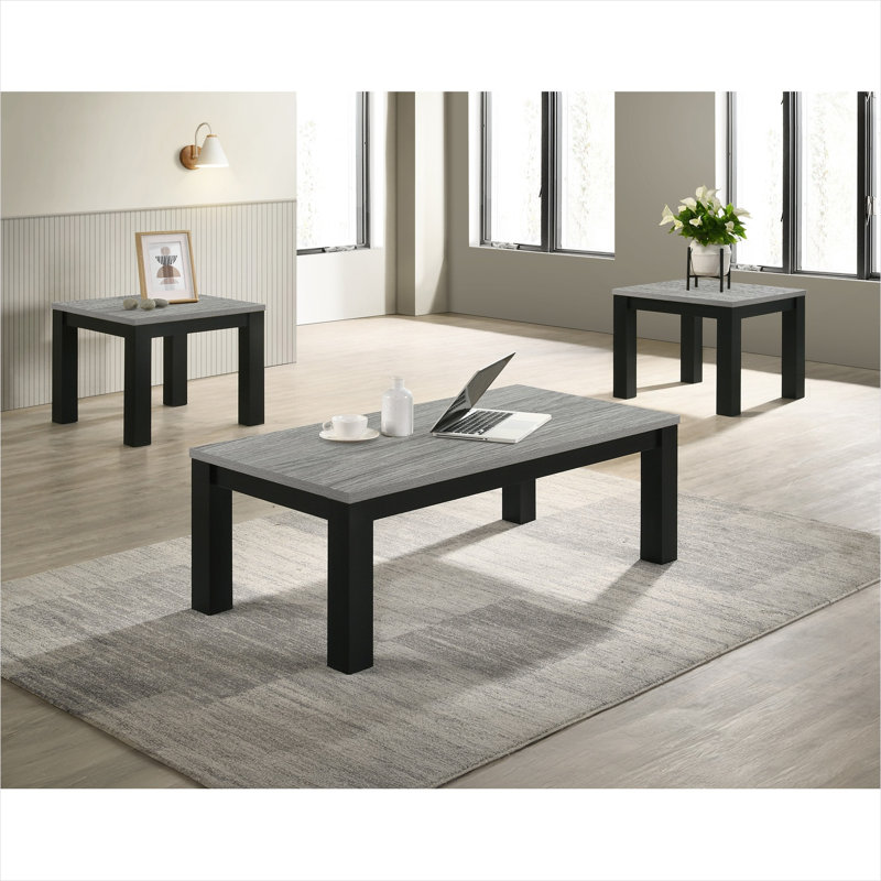 Ensemble de tables basses et de tables d'appoint élégantes en bois au fini gris doux et noir, pratique pour les salons confortables, style contemporain