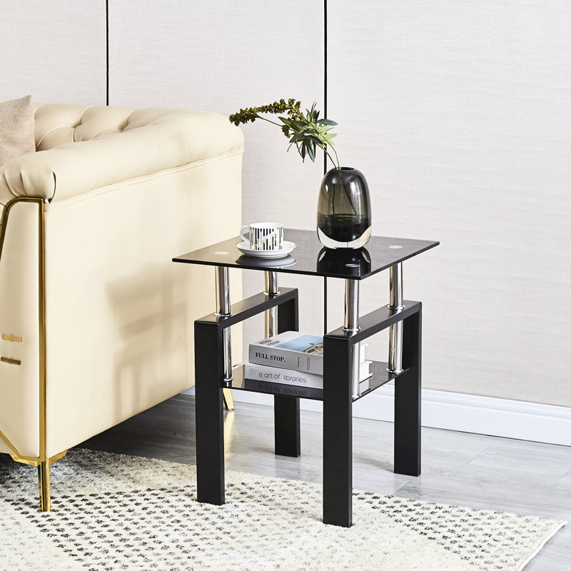 Table en verre trempé noir, 2 rangements pour plusieurs zones, assemblage simple devant la table d'appoint, conception géométrique, performance durable