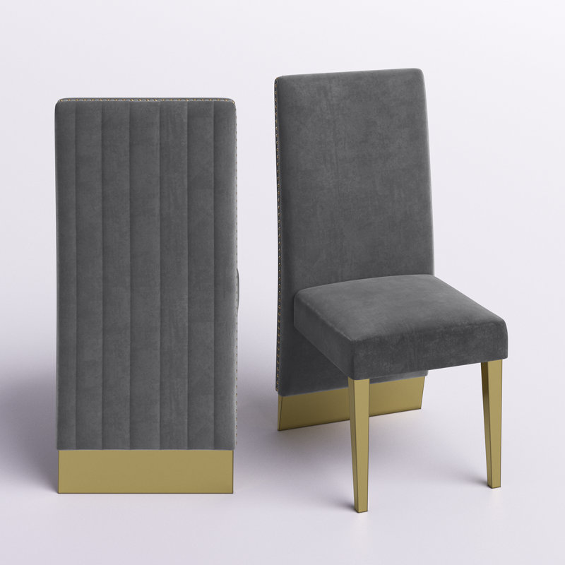 Amine Velvet Upholstered Parsons Chair with Nailhead Trim, Gray