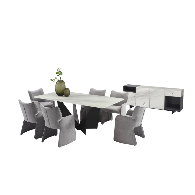 Arguelles Modern 7-Piece Dining Set With Upholstered Chairs And Tempered Glass Tabletop, Gris