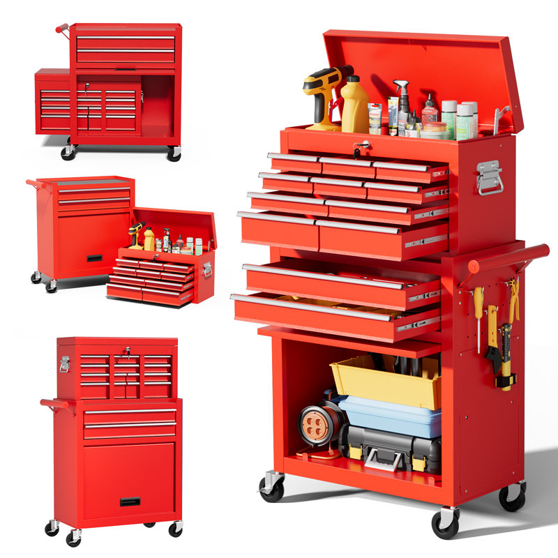 Coffre à outils à 12 tiroirs avec roulettes (2-en-1), Red
