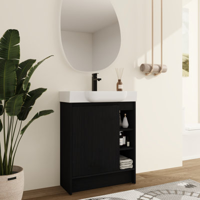 Ensemble de meuble-lavabo simple autoportant 28 po avec plateau en céramique Larnby, ensemble de meuble-lavabo simple 28 po avec lavabo en céramique