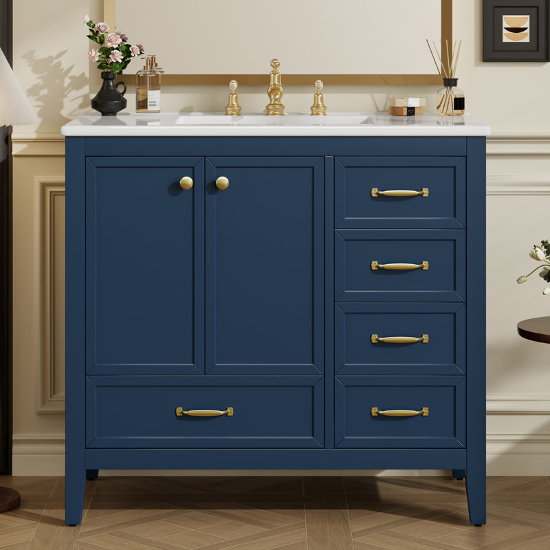 Élégant meuble-lavabo de 36 po avec lavabo en céramique, Bleu