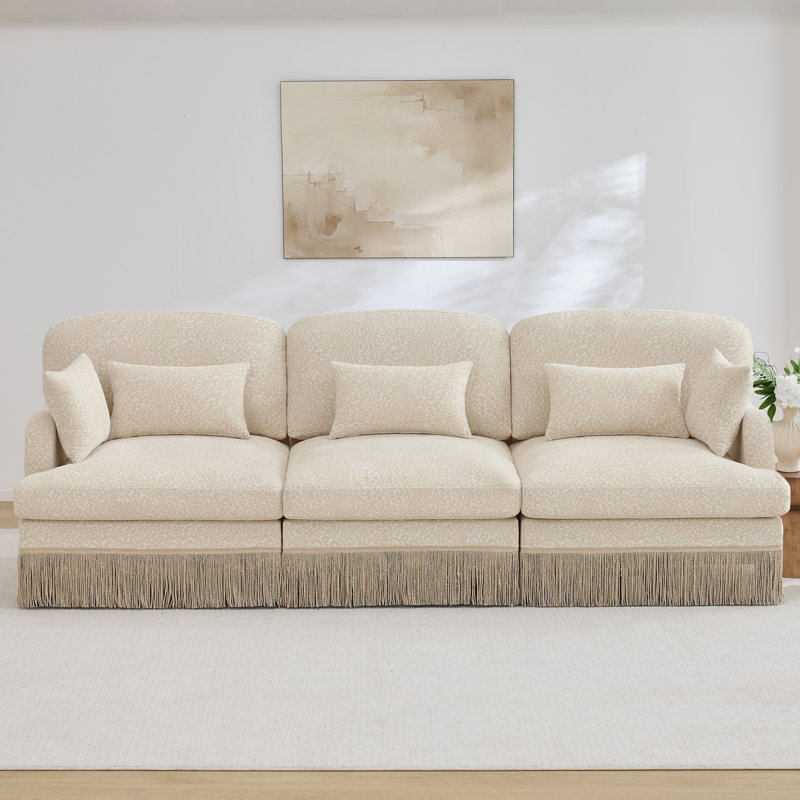 100-Inch Modular Chenille Leopard-Print 3-Seater Sofa With Ergonomic Support, Deep Seat Design, Tassel Trim, And Tool-Free Assembly.