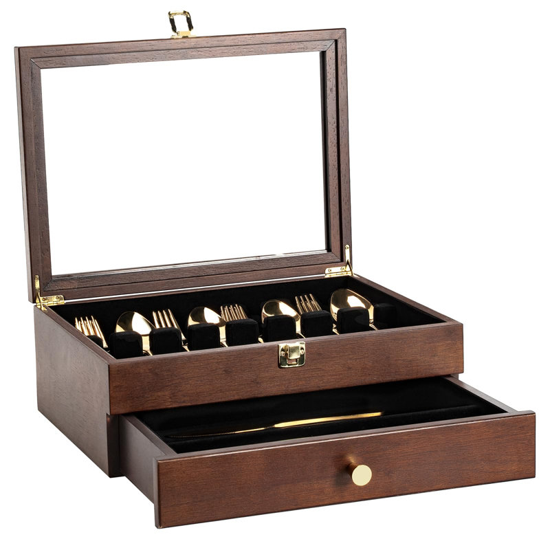 Boîte à argenterie, boîte de rangement en argent à 2 couches avec couvercle en verre, étui à couverts pour couverts et ustensiles fins, idée cadeau (noyer)