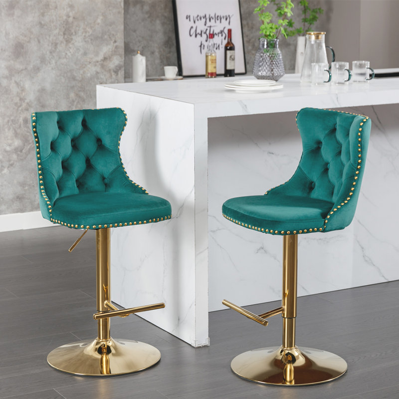 Stormstown Upholstered Adjustable Height Counter Stool, Gold, Green
