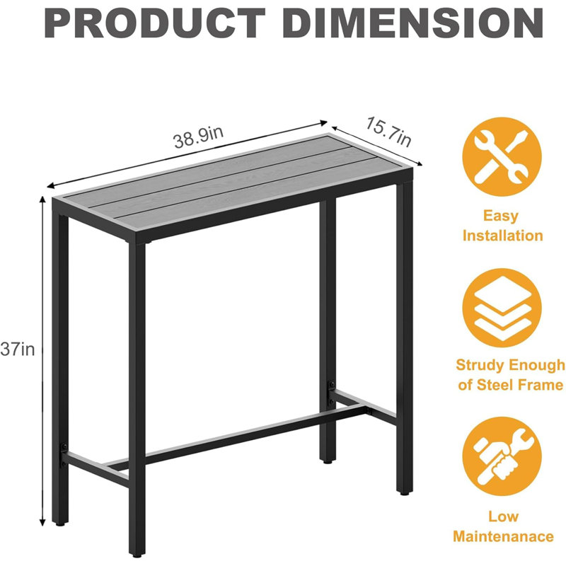 Table d'extérieur à hauteur de bar avec dessus en fer et coussins, longue table de patio imperméable pour le balcon, le jardin ou la cour