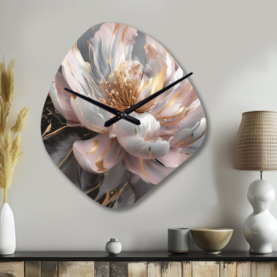 Marble Pink Gold Peony Flower III - Marble Irregular Shape Metal Wall Clock, Modern Asymmetrical Wall Clock Print