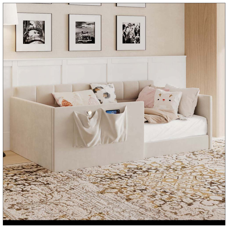 Daybed Velvet Upholstered Sofa Bed with High Side Panels and Side Entrance, Space-Saving Guest Bed with Storage Pockets, Twin