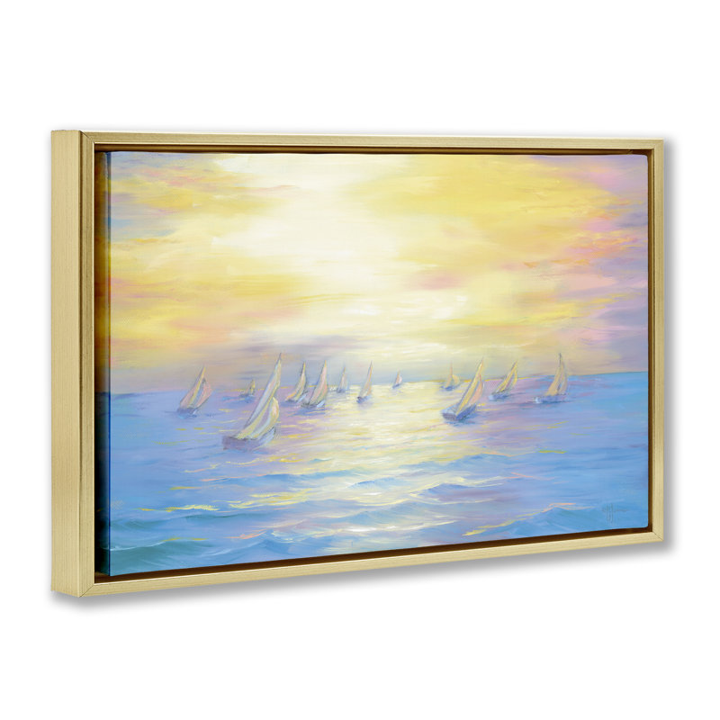 Art mural en toile encadré noir Sun Bleached Seascape, H 21 po x l 31 po, Cadre flottant métallique doré