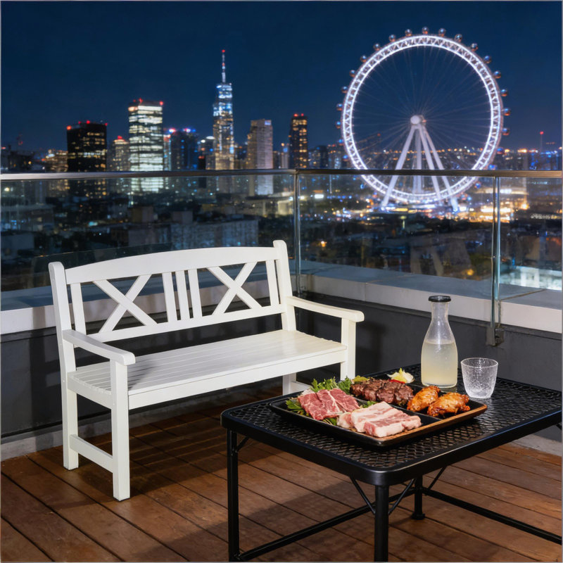 Nordic Style Wooden Garden Bench with X-Shape Backrest for Outdoor Relaxation and Rustic Charm