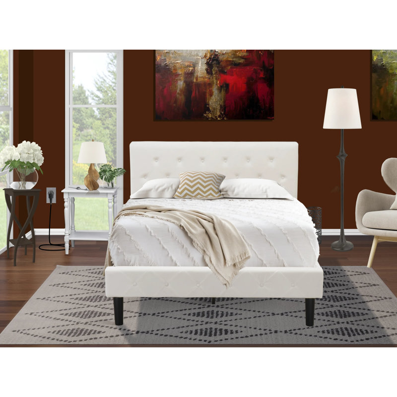 Ensemble de chambre à coucher 2 pièces - Structure de lit grand capitonné - Tête de lit tapissier en tissu de velours blanc lin et table de chevet au fini gris urbain