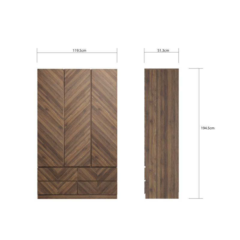 Kascha 3 Door Manufactured Wood Wardrobe, Walnut