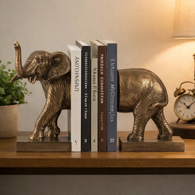 Ensemble de 2 serre-livres décoratifs Nimy, éléphant trompette, polyrésine bronze