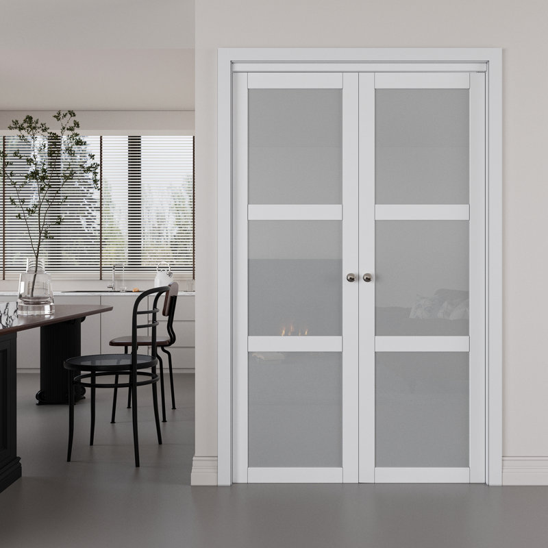 36" x 80" 3-Lite Frosted Glass Solid Core Manufactured Wood Pivot-French Or Bi-Fold Doors with Hardware Kit,White.(Ideal for Closet,Pantry,Laundry,Bathroom)