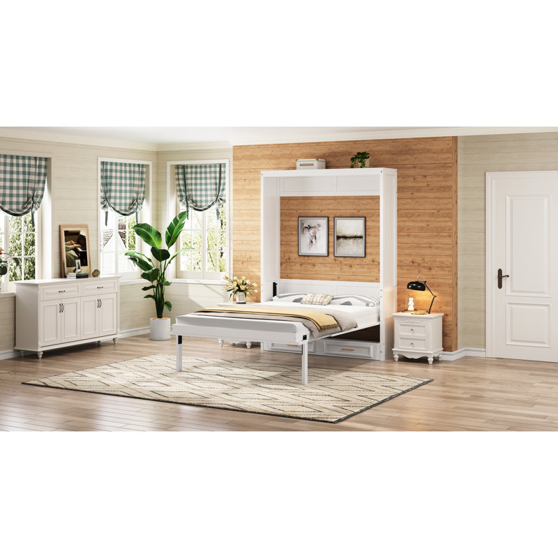 Lit double en beige avec 2 tiroirs, structure en bois de pin, pliable pour économiser de l'espace, rangement fiable, créer un petit appartement