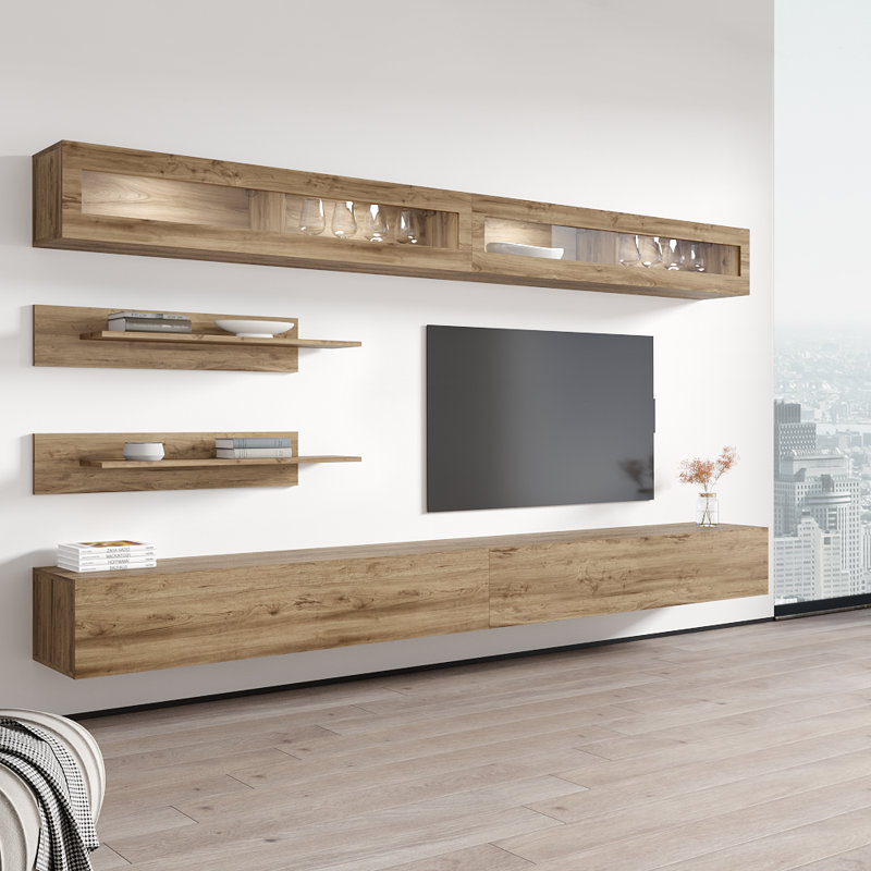 Waconia 126" Modern Floating Wall Mounted Entertainment Center with 16-Color LED Lighting, High Gloss Finish, Oak