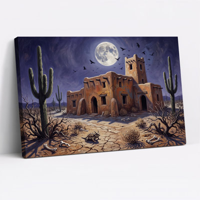 "Adobe" sous la pleine lune avec des cactus de Saguaro, art mural d'Halloween