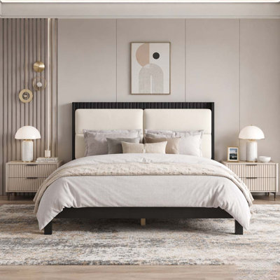 Solid Wood Platform Bed Frame with Velvet Upholstered Headboard