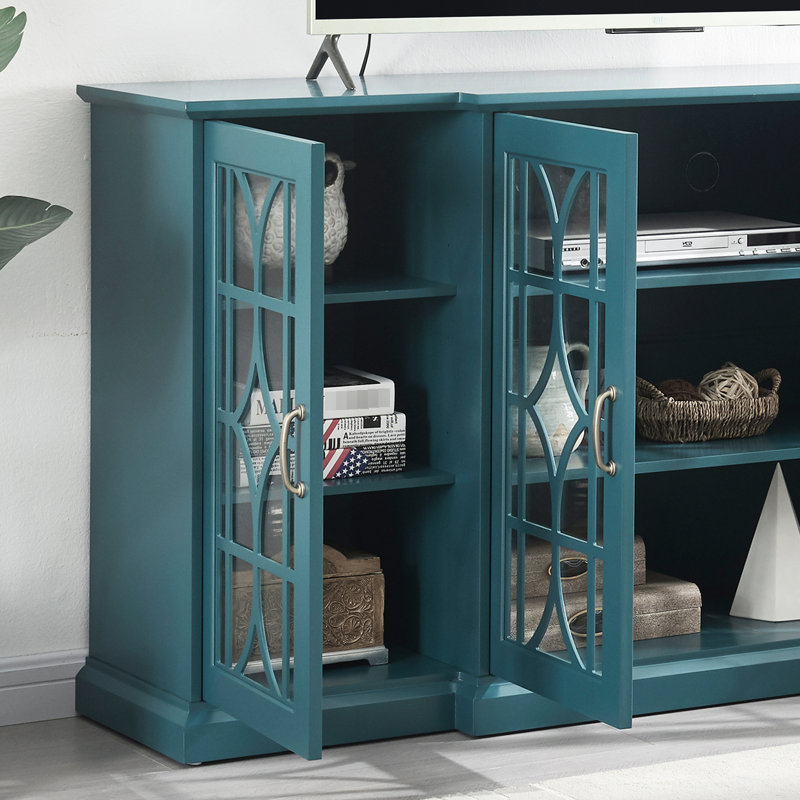 Armoire de rangement bleu sarcelle pour téléviseur - construction, 6 tablettes réglables, finition à surface lisse, - buffet de 63 po, 4 portes avec motif de porte exquis, précautions