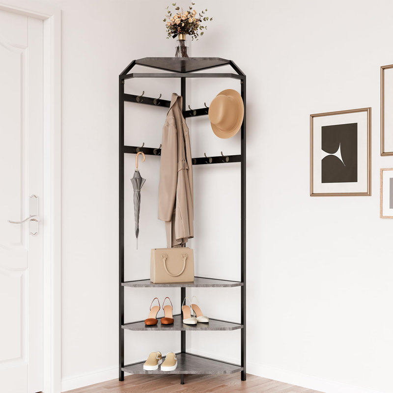 Portemanteau d'angle avec banc à chaussures et 6 portemanteaux doubles, Gris