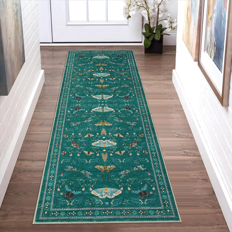 Insect Machine Washable Soft Area Rug for Living Room, Low Pile Non-Slip, Under Bed, Thin, 2'x6' Black Farmhouse Style.