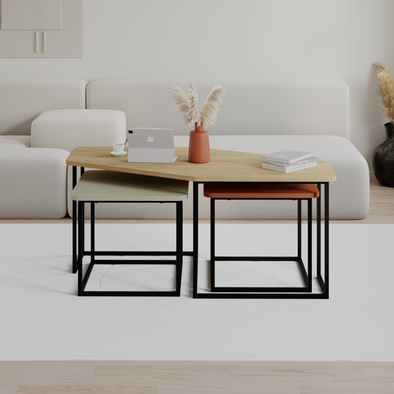 Bukurie Frame Nesting Coffee Table Set, Sapphire Oak/Cinnamon/Ash Green