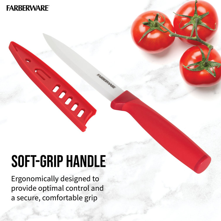 Farberware Ceramic 5-inch Utility Knife with Custom-Fit Blade Cover,  Razor-Sharp Kitchen Knife with Ergonomic, Soft-Grip Handle,  Dishwasher-Safe