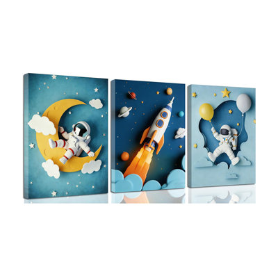 3Pcs Nursery Space Canvas Wall Art Astronaut Space Planets Theme Rocket Spaceman Painting Picture Wall Decor Explore Dream Galaxy Poster Print Artwork for Boysroom Kidsroom Classroom Home Decoration