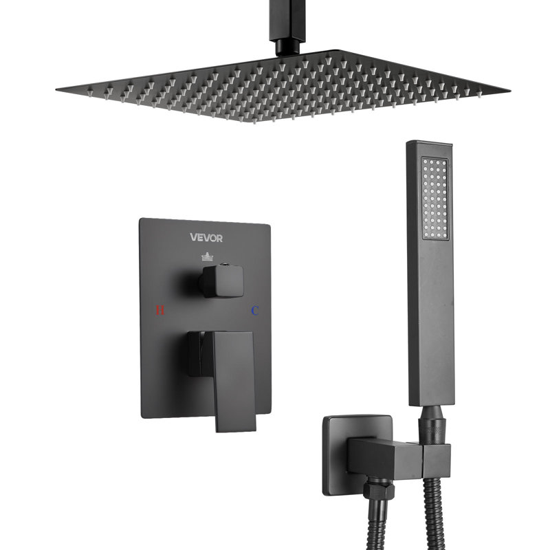 Shower Faucet Set, Rainfall Bathroom Shower System With 12-Inch Square Rain Shower Head And Handheld Spray, Ceiling Mount Bath Fixtures With Brass Valve And Trim Kit, Matte Black