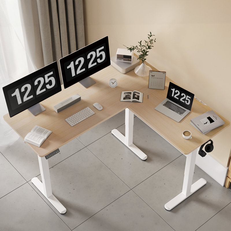 Schlater 63'' L-Shaped Height Adjustable Standing Desk, Natural, White