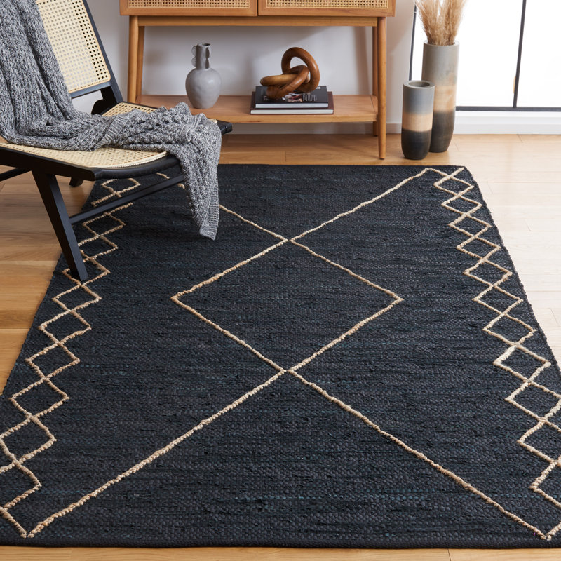 Anainah Vintage Leather Hand Woven Leather/Jute/Cotton Geometric Rug in Black/Natural, Rectangle 5' x 8'
