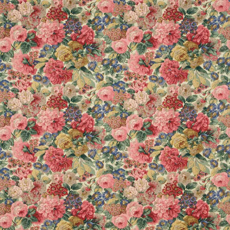 Rose & Peony Fabric, Red/Green/Gold