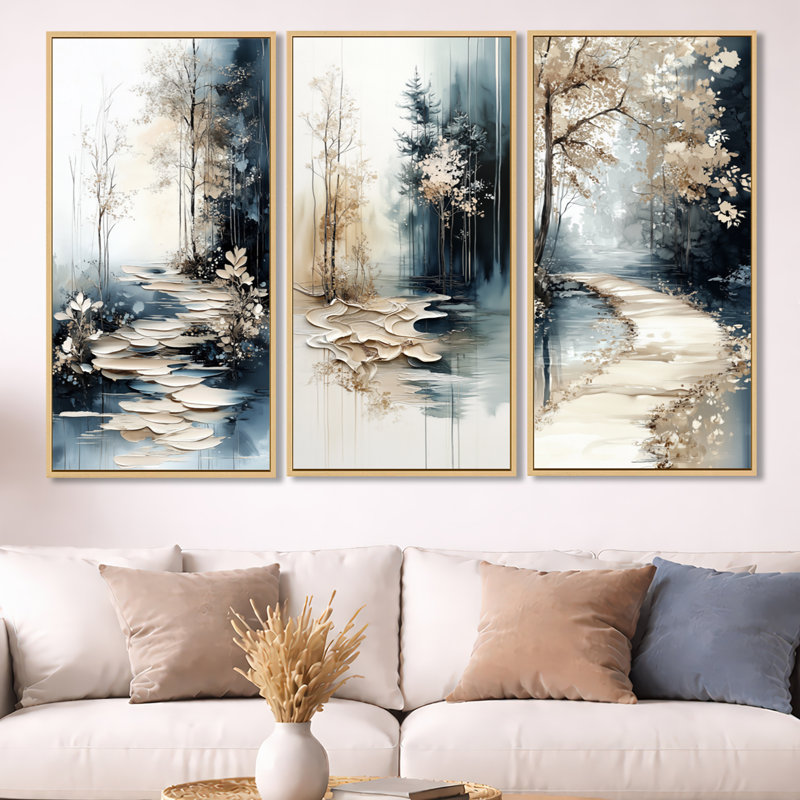 «Woodtrail Fall Lake Path - Lake», ensemble d'art mural sur toile, H 32 po x l 48 po, Cadre flottant en bois naturel