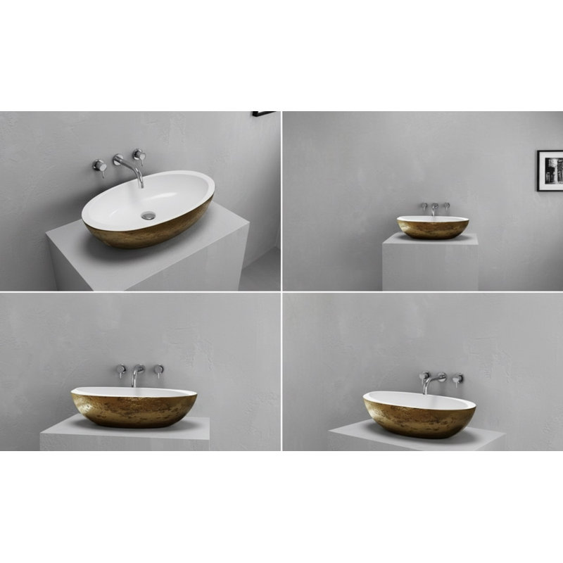 Lavabo vasque en laiton vieilli texturé L 24 po x l 13,8 po Vast Studio - Lavabo de comptoir ovale avec intérieur blanc lisse, finition métallique luxueuse et design sculpté d'inspiration spa moderne