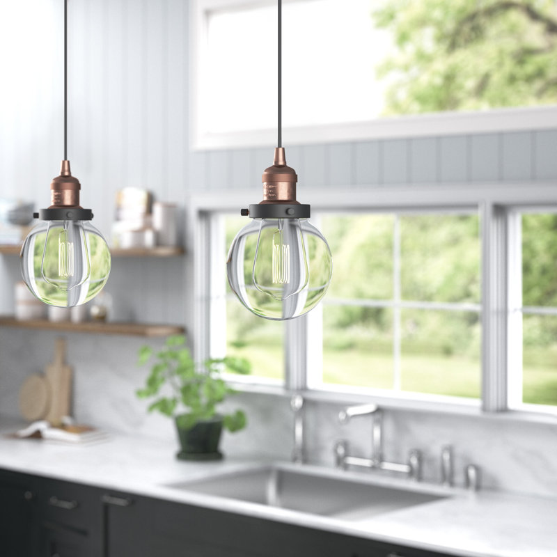 Luminaire suspendu sphère 1 lumière Chippewa, Cuivre antique et décorations noir mat, Transparent