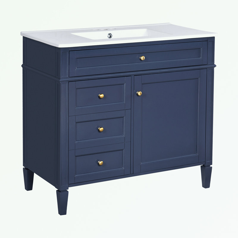 Meuble-lavabo de salle de bain avec lavabo supérieur, 2 tiroirs et un tiroir basculant, Bleu