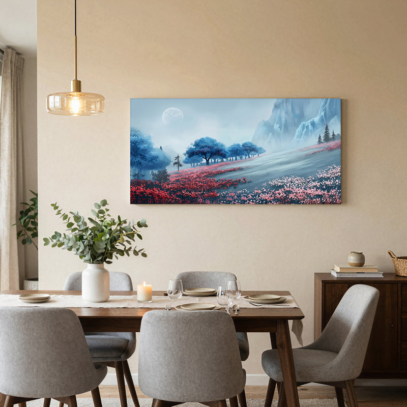 Tableau sur toile représentant un champ de fleurs roses, des arbres bleus et une montagne au clair de lune brumeux