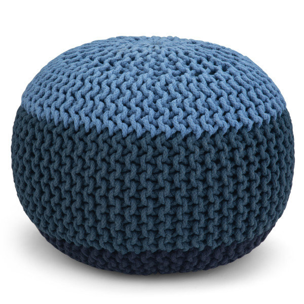 Hand-Knitted Blue Cotton Round Pouf with Polystyrene Filling