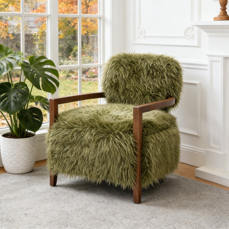 Modern Faux Fur Alldredge With Wooden Arms Upholstered Comfy Bedroom Chair Soft Armchair For Living Room, Bedroom, Green