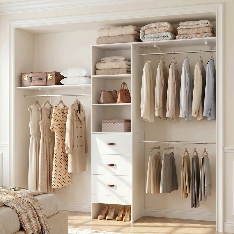 Quion 20.2 - 120 '' W  Closet System with Wooden Drawers and Hanging Rods(cut To Fit), White