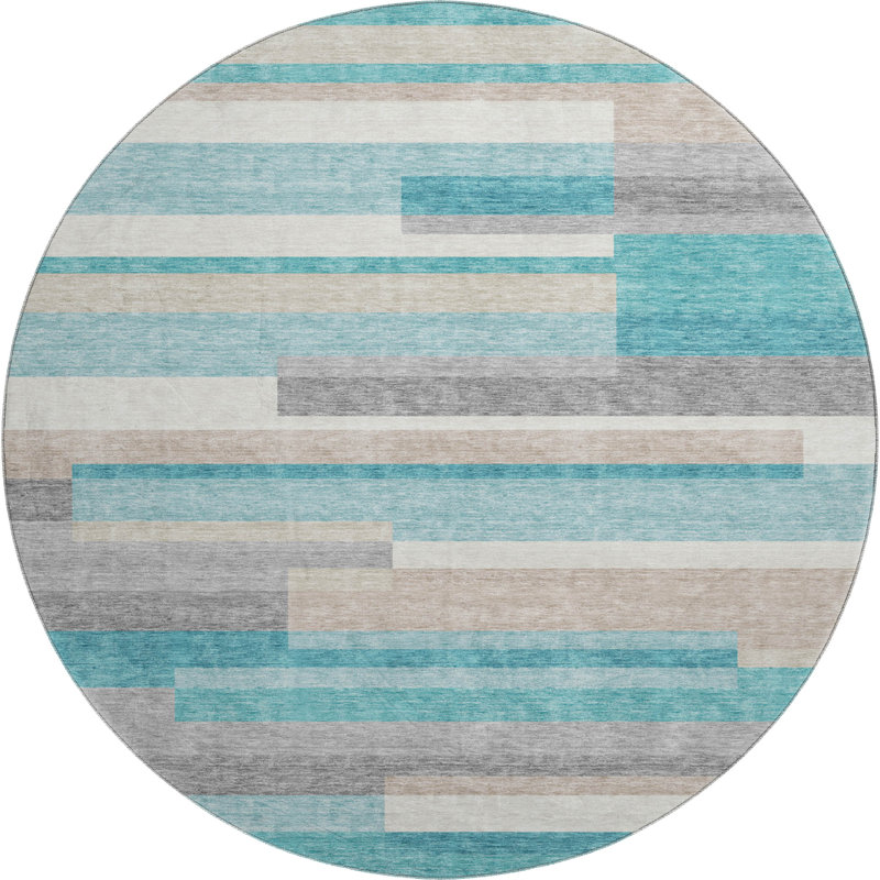 Premium Machine Washable Prisco Teal Rug, Round 8'