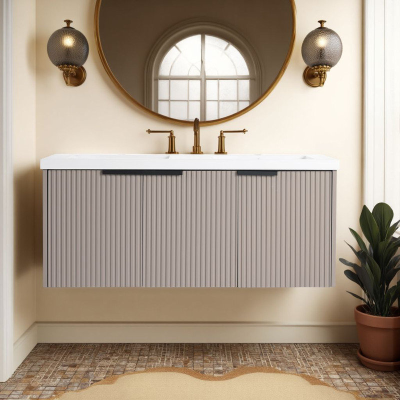 Meuble-lavabo flottant 48 po - Lavabo double en résine, portes ondulées, charnières à fermeture en douceur?, Gris