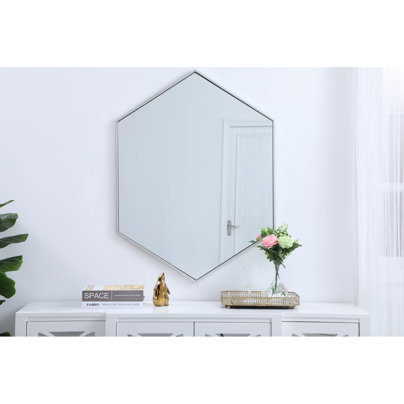 Sabine Metal Hexagon Wall Mirror, Silver, 40" H x 30" W